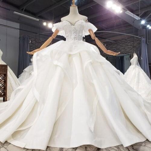 Luxury Sheer Champagne Tulle Wedding Dress Flowers Off Shoulder Full Beading Bridal Ball Gown 2021 Custom Made Vestido De Noiva