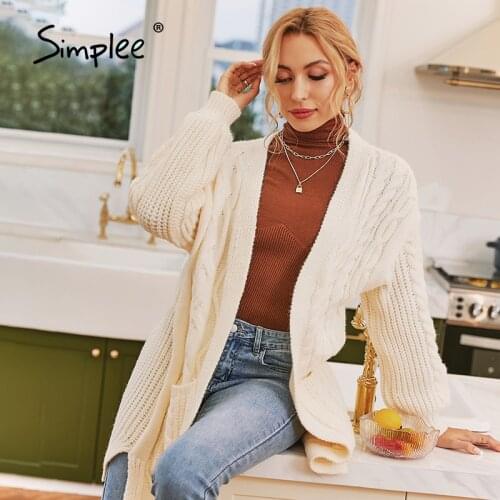 Simplee Oversized pocket long knitted cardigan women Casual long sleeve winter sweater cardigan Office grey white fashion coat