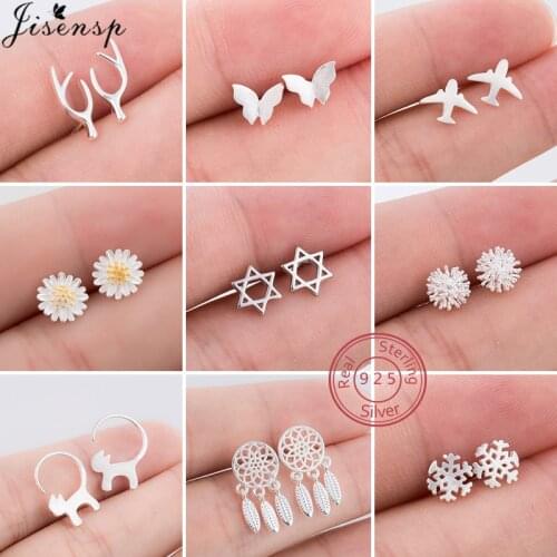 Real 925 Sterling Silver Earrings for Women Kids Fine Jewelry Cat Plane Deer Butterfly Stud Earrings Girls Christmas pendientes