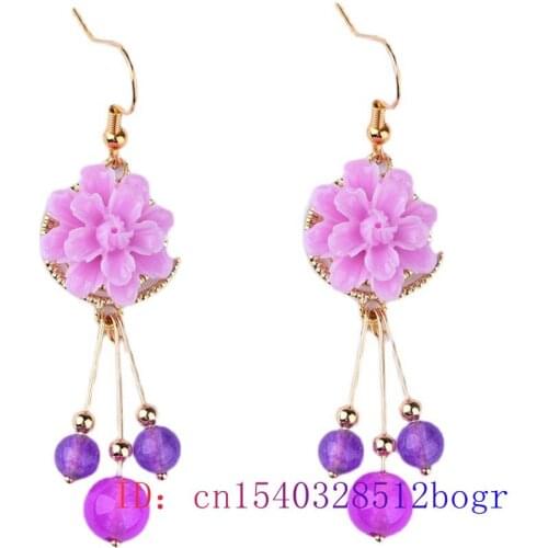 Purple Jade Flower Earrings Women Fashion Crystal Chalcedony Amulet 925 Silver Jewelry Gemstone Gifts Charm Natural Zircon