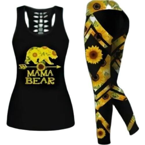 Womens Over Printed Yoga Suit Sunflowers And Mama Bear Hollow Vest Tank Top High Waist Leggings Sports Ladies Suit
