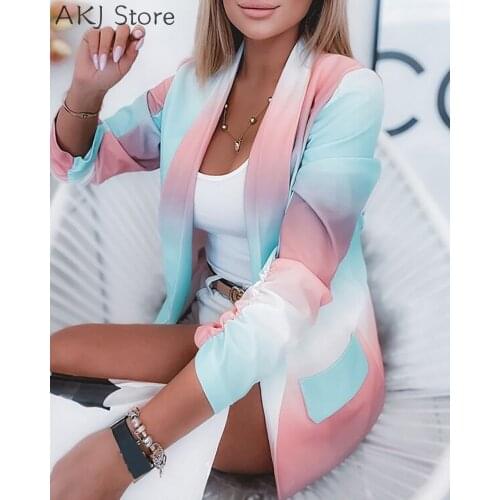 Women Work Blazer Colorblock Long Sleeve Pocket Design Slim Blazer Coat