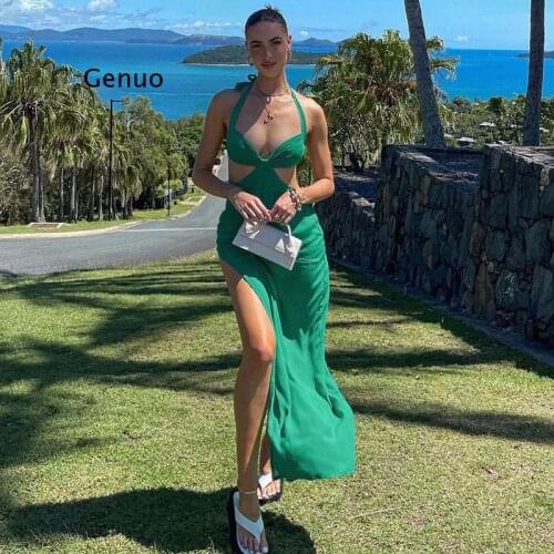 Spring New Hollow Out Halterneck Dress Backless Dress for Women Slit Long Dress