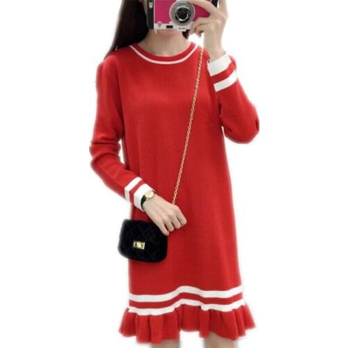 Women Autumn Knitted Dress 2019 Sweet Women Winter Sweater Dress Pullovers O-Neck Ruffled Bottom Dress Loose Knitwear MujerQ1160