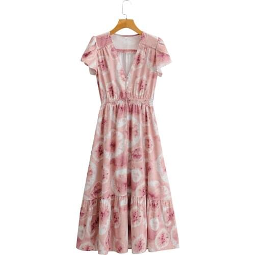 Za Fashion 2021 Women Dress Floral Print Vintage Deep V Neck Mid Calf Dress Short Sleeve A-Line Ruffles Sweet Vestidos Girl