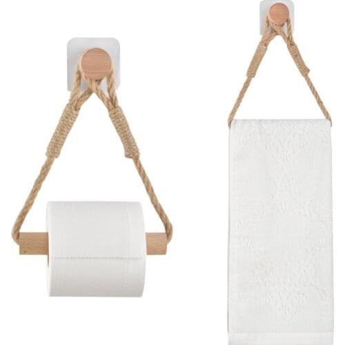 Retro Bathroom Toilet Roll Holder Decorative Wall-mounted Kitchen Paper Wooden Pole Rope