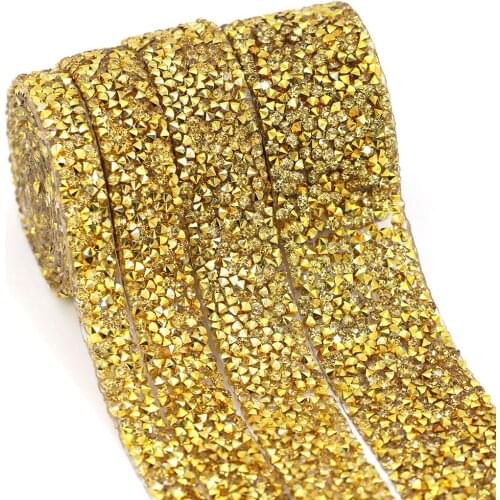 1Yard Gold Rhinestone Chain Resin Crystal Rhinestone Trim For Clothes Iron On Strass Hot Fix Rhinestone Ribbon DIY Wedding Dress