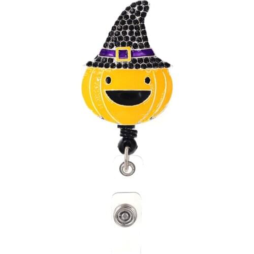 10pcs/lot New Popular Pumpkin Smiley Face With Rhinestone Hat Retractable Badge Holder Reel