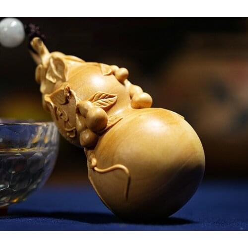 2pcs Boxwood 8cm Gourd Sculpture Wood Carving Blessing Pendant Rich Car Hanging Lucky Statue Home Decor