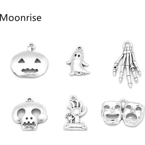 5Pcs/Lot Antique Silver Charms Halloween Pumpkin kull Ghost Claw Pendants for Jewelry Making