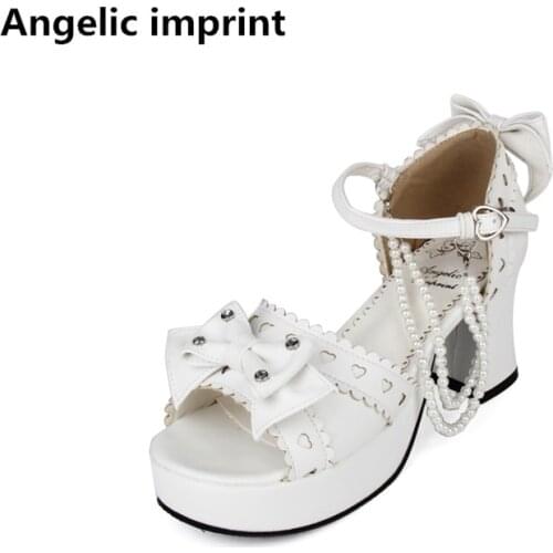 Angelic imprint woman mori girl lolita cosplay shoes lady high heels pumps women princess summer dress sandals bow pearl 33-47