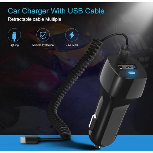 Car Charger FAST Rapid Type Micro USB Charging Auto Car Charger 2.4A Spring Line LED Indicator Cigarette Lighter Car Charger