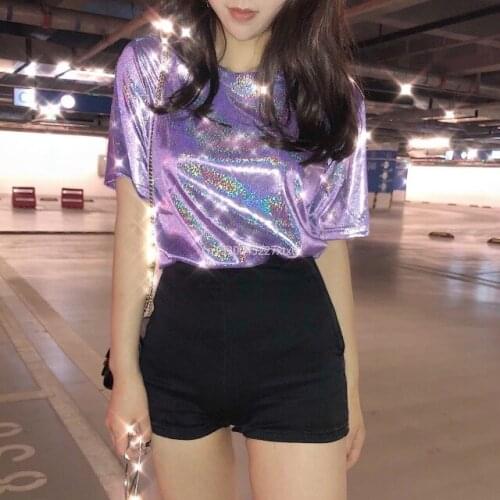 Sparkle Party Disco Tee Shirt Blouse Popular Fashion retro bright silk shining loose woman T-shirt Korea streetwear lady tops