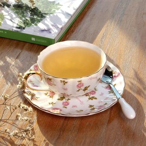 European Tea Set Porcelain Handmade Coffee Cup Elegant Pink Printing White Fine Bone China Royal Cups Xicaras Wedding Gifts E5BD