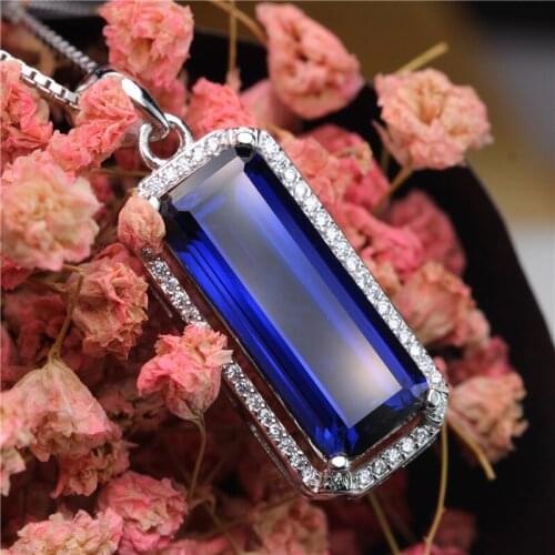Innovation rectangle blue corundum long step cut stone jewelry necklace pendants faceted stone bright 925 silver trendy women