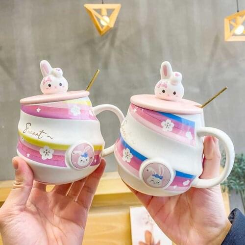 Korean Style Ceramic Mug Kawaii Water Bottle For Girls INS Cute Fruit Creative Pink rabbit Milk Tea Coffee Water Cup