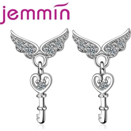 Classical Hot Sale Special Key Wing Design Exquisite CZ Crystal 925 Sterling Silver Stud Earring Surprise Gifts For Girls