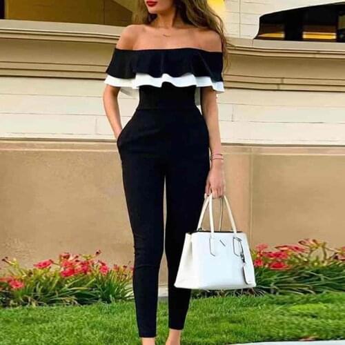 Black Womens Jumpsuit Contrast Color Crop Top Ruffled Off Shoulder Straight Pants Sexy Sleeveless High Waist Trouser Suit