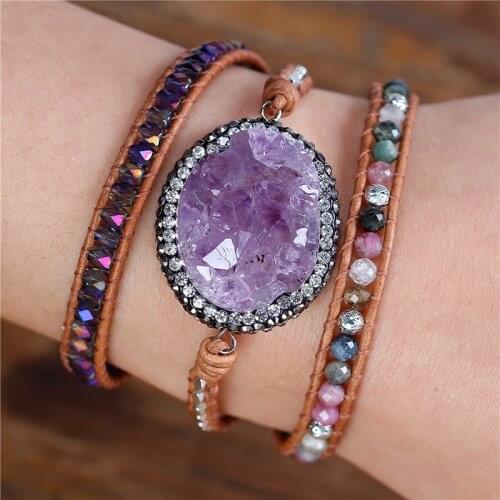 YueTong Boho Amethysts Drusy Leather Wrap Bracelet Natural Stone Beads Bracelet Leather Bracelet Jewelry Friends Gift Dropship