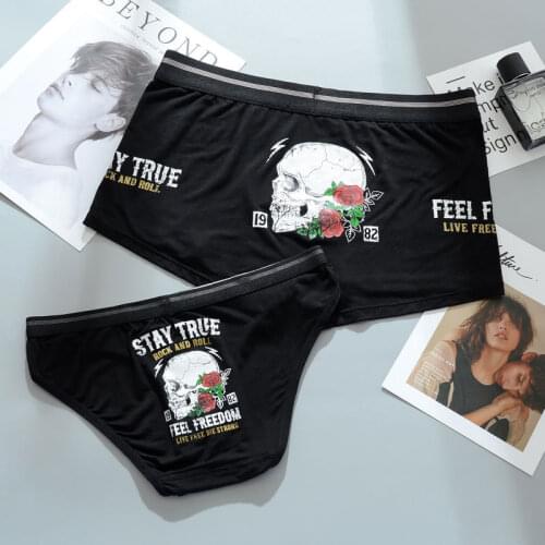 Fashion Personality Skull Print Modal Couples Underwear Breathable Middle Waist Women Man U Convex Boxers Panties