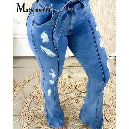 Fashion High Waist Jeans Women Streetwear Bandage Denim Plus Size Sexy Jeans Femme Flare Pants Loose Blue Jeans Woman 2020 New