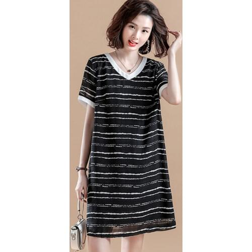New Chiffon Dress Women Summer 2021 Fashion Patchwork V-Neck Short Sleeve Striped Print Casual Loose Chiffon Dress