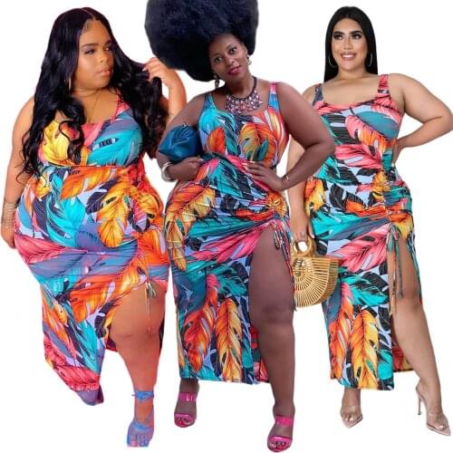 Wholesale Dropshipping Plus Size XL-5XL Dress Leaf Print Sexy Sleeveless Shirring Lace-up Split Bohemian Style Summer Dresses