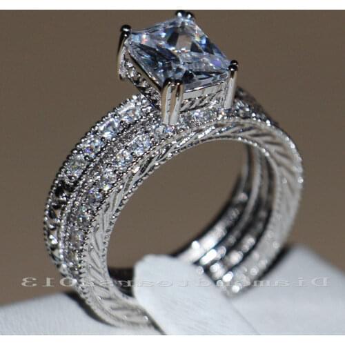 Wholesale Stunning Vintage Women Fashion Jewelry Princess 10kt white gold filled AAA CZ Simulated stones Wedding Ring set Sz5-11