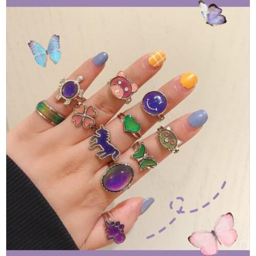 Temperature Changing Cartoon Animal Adjustable Ring Butterfly Panda Crystal Turtle Dinosaur Charm For Women Rings Jewelry Gifts