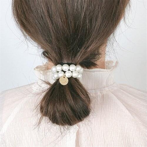 Korean Pearl Beading Hair Ties Ring Women Metal Charm Pendant Hair Band Elastic Bracelet Decoration Ponytail Holder Accessories
