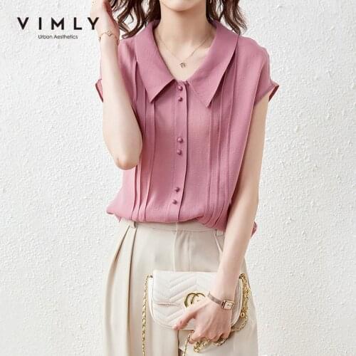 VIMLY Summer Women Shirts Elegant Short Sleeve Button up Shirt Office Lady Chiffon Blouse Female Vintage Blusas Women Tops F7281