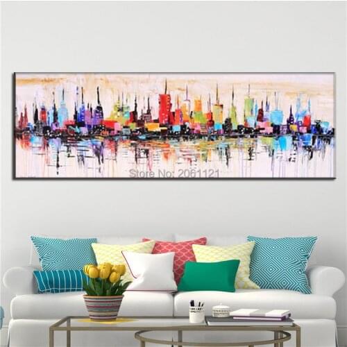 Hand painted modern abstract oil painting yellow orange canvas picture long city landscape pop art wall art for living room