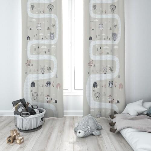 Curtains Children 3D Printed Decorative Items Home Childrens Room Beige Animals Road Model 1398