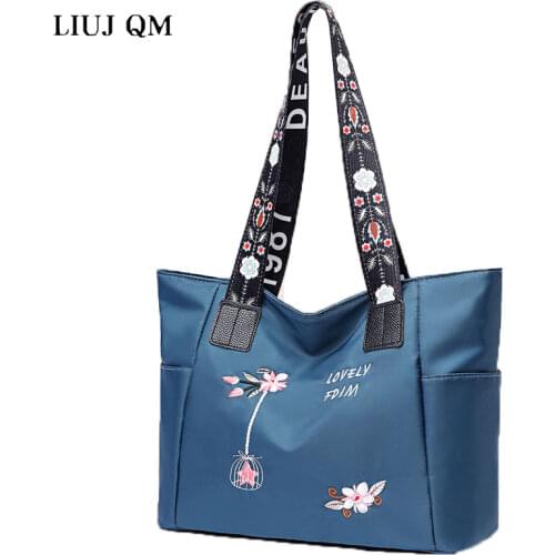 LIUJ QM Bag Women 2021 New Fashion Embroidery Handbag Wild One Shoulder Bags Oxford Cloth Waterproof Simple Lightweight Tote Bag