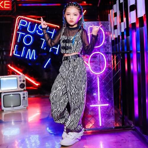 New Girls Jazz Dance Costumes Long Sleeve Mesh Tops Kids Hip Hop Zebra Stripes Pants Suit Street Dancing Stage Outfits DQL4602