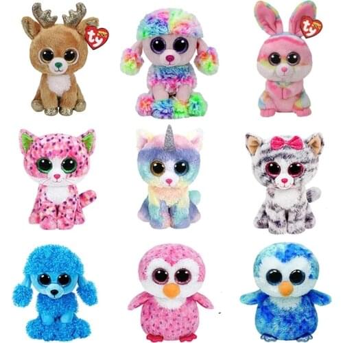 Ty Beanie Boos Big Eyed Soft Stuffed Animal Plush Dolls Unicorn Cat Heather Gray Cat Kiki Girls Birthday Christmas Gift Toy 15CM