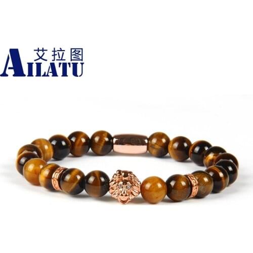 Ailatu Jewelry 8mm Tiger Eye Stone Beads with PVD Plated Animal Head Bracelet for Father OR Husband Gift Animal Shape