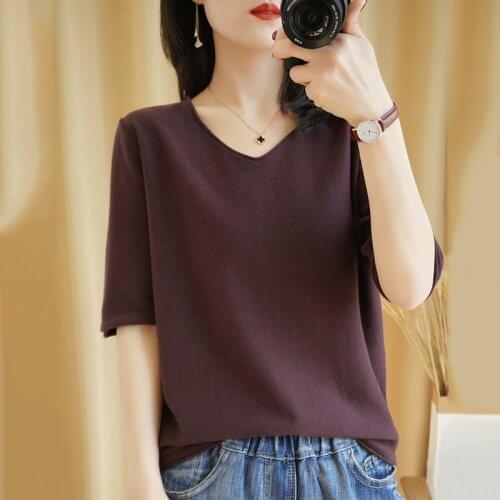T-shirt women 2021 new summer pure cotton knitted sweater half sleeve women casual plus size tops v-neck pullover tees