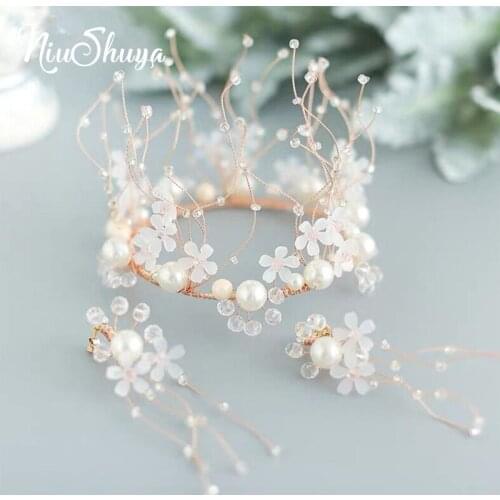 NiuShuya Trendy Crystal Small Round Crown Handmade Princess Flower Tiara Hair Accessories For Women Pearl Bridal Headband