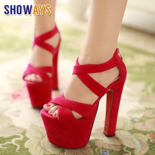 Summer Women Platform Sandals 17cm High Chunky Heels Black Red PU Casual Party Office Ladies Cross Strap Zipper Gladiator Shoes
