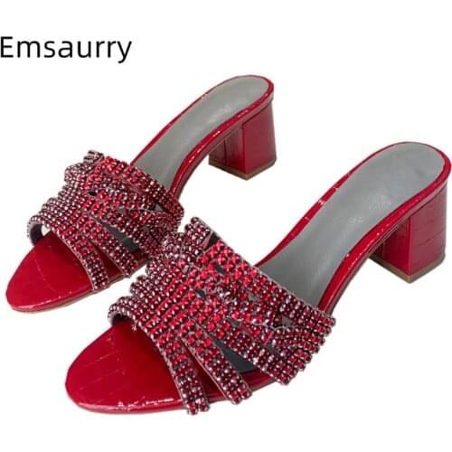 New Color Runway Mules Women Sexy Open Toe Genuine Leather Stone Grain Luxury Rhinestone High Heel Runway Sandals Woman