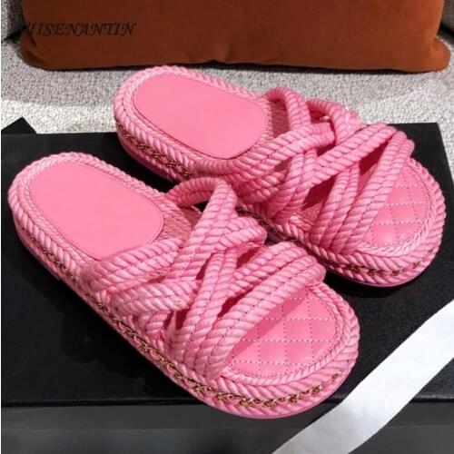 Summer new hot-selling pink round toe open toe thick bottom Roman style straw cross strap beach sandals and slippers women