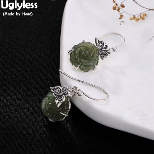 Uglyless 100% Real 925 Sterling Silver Handmade Thai Silver Butterfly Earrings Natural Jade Flower Fine Jewelry for Women Bijoux