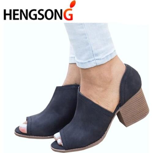 HENGSONG 2021 Spring Women Pumps Slip-On Peep Toes Women Leather Sandals Med Square Heel Pumps Mules Wedges Shoes For Women