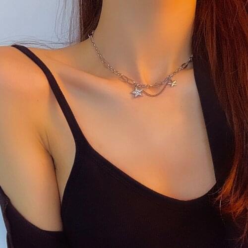 Vogallery Silver Color Star Pendants Necklaces For Women Sexy Short Zircon Neck Chains Party Club Jewelry Accessories
