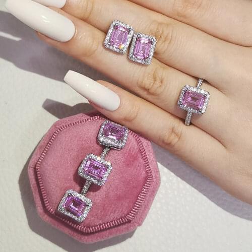 2pcs Pack 925 Sterling Silver Jewelry set halo Engagement ring round stud earring for Wedding christmas gift party J4743-pink