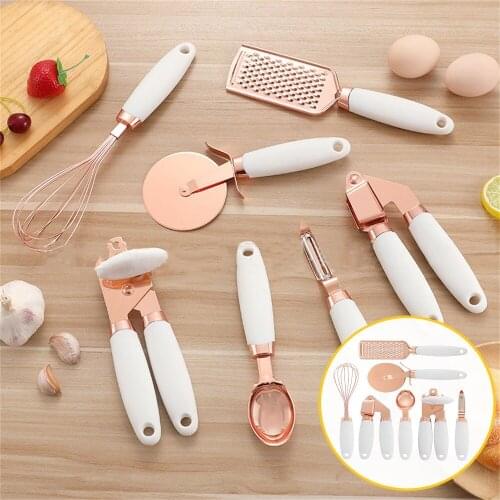 7PC Kitchen Gadget Set Rose Gold Stainless Steel Garlic Press Cutter Scoop peeler Can Opener Kitchenware Kitchen Accessories