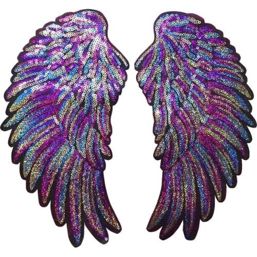 2PCS Rainbow Feather Wings Sequins Iron On Patches Embroidered Badges Appliques For Clothing DIY Decoration Craft Accessories
