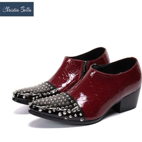 Christia Bella Designer Brand Rivet Men Dress Shoes Mid Heel Genuine Leather Party Man Shoes Nightclub Prom Male Formal Footwear