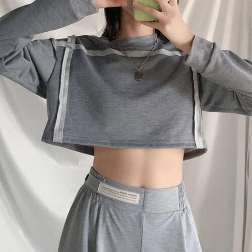 Homemade frayed distressed round neck long-sleeved sweater tide careful machine off-shoulder design casual all-match T-shirt